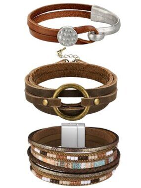 New - 3 Pcs Western Jewelry for Women‎ Bohemian Leather Bracelets for Women Faux